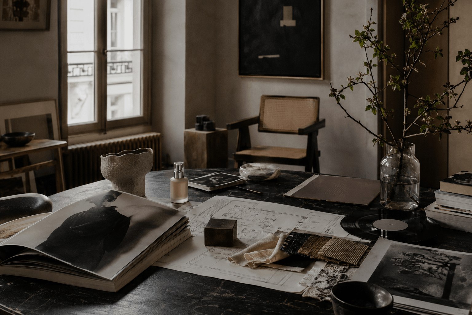 A working editorial desk with books, materials and visual references