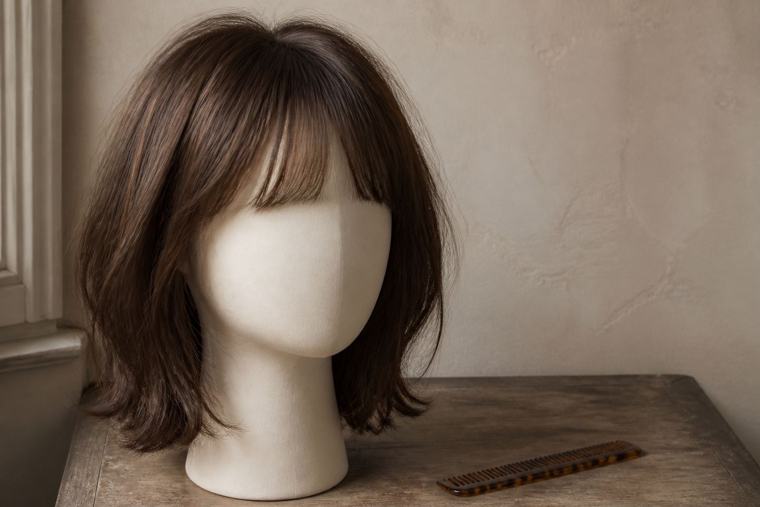 Chestnut wig with a soft eyebrow-grazing Birkin fringe on a featureless salon display head