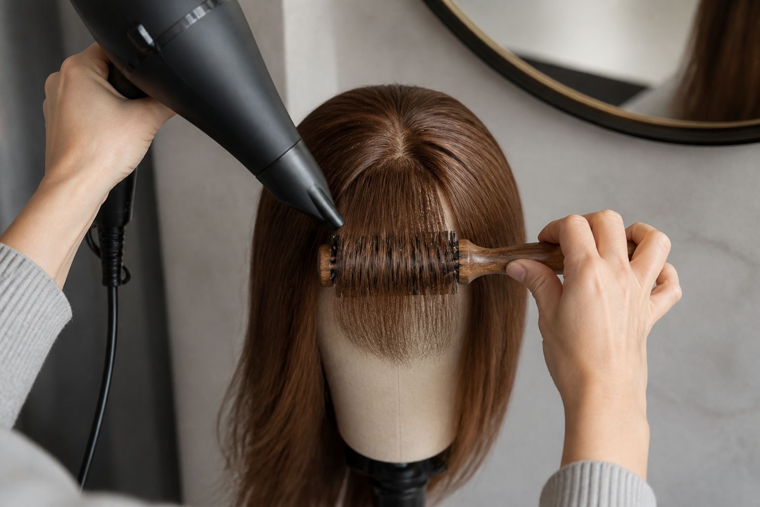 Stylist hands blow-drying a soft fringe forward on a featureless salon training block