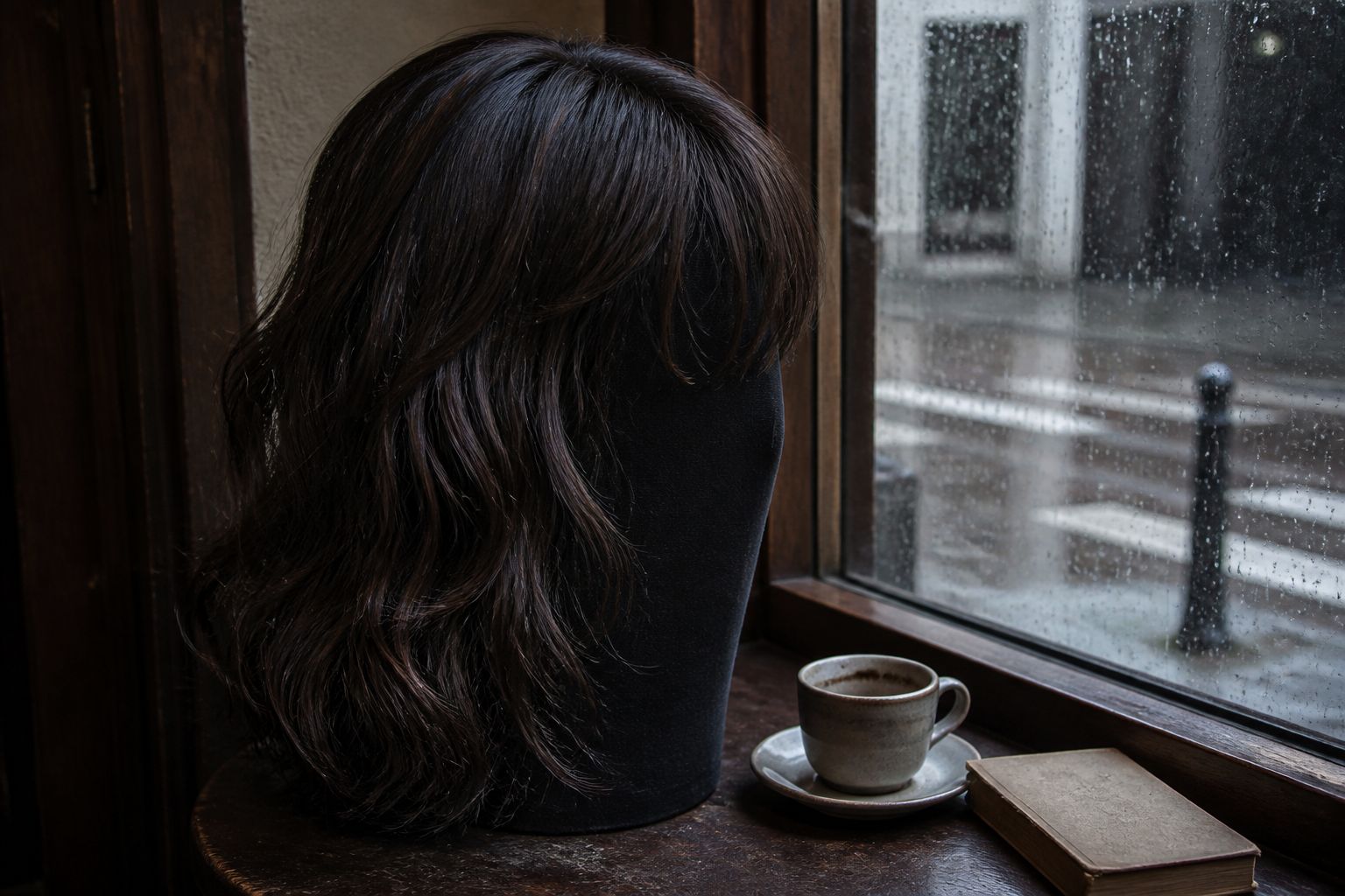Dark wavy wig with a piecey fringe on a featureless black display form beside a rainy cafe window