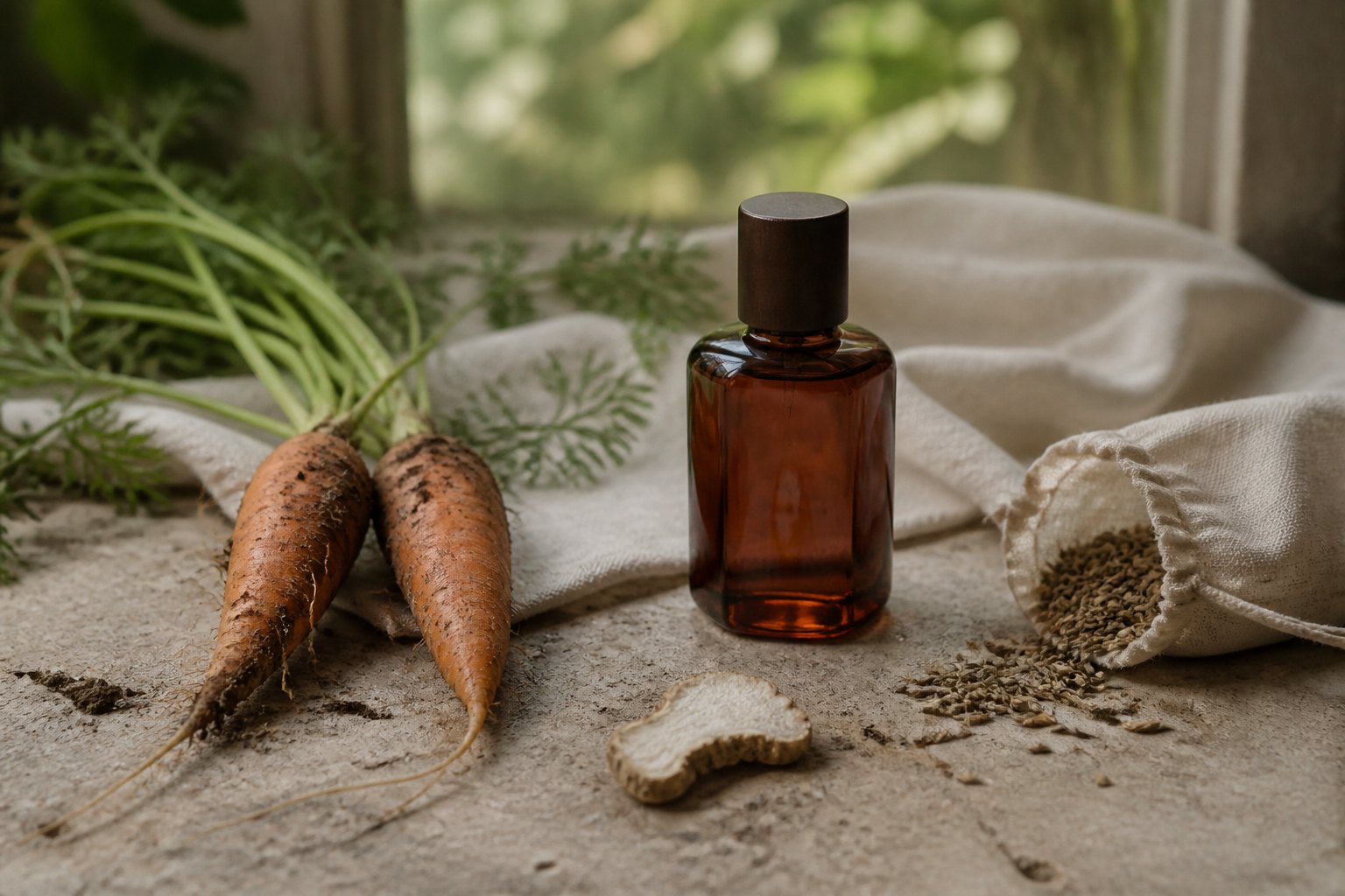 Unbranded amber perfume bottle beside freshly lifted carrots, carrot seeds, orris root and cream linen on worn limestone