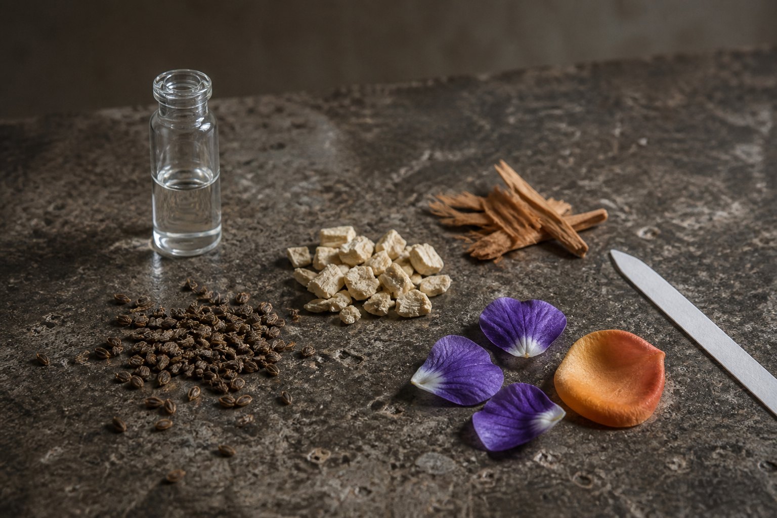Carrot seeds, pale orris root, violet petals, apricot skin, cedar shavings and a glass sample vial arranged on worn limestone