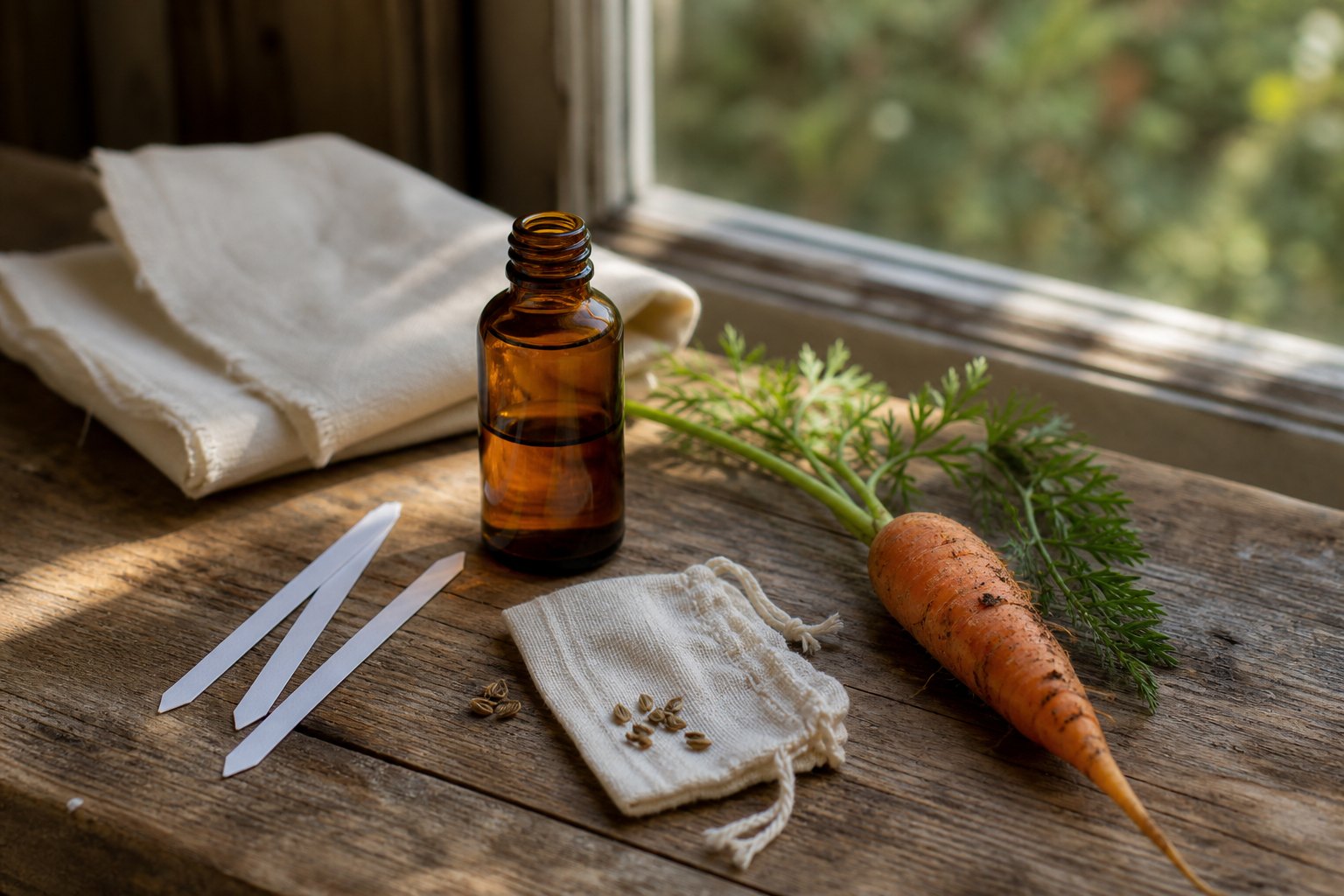 Unbranded amber perfume bottle with three paper scent strips, a muslin pouch of carrot seeds and one freshly lifted carrot on a sunlit wooden table