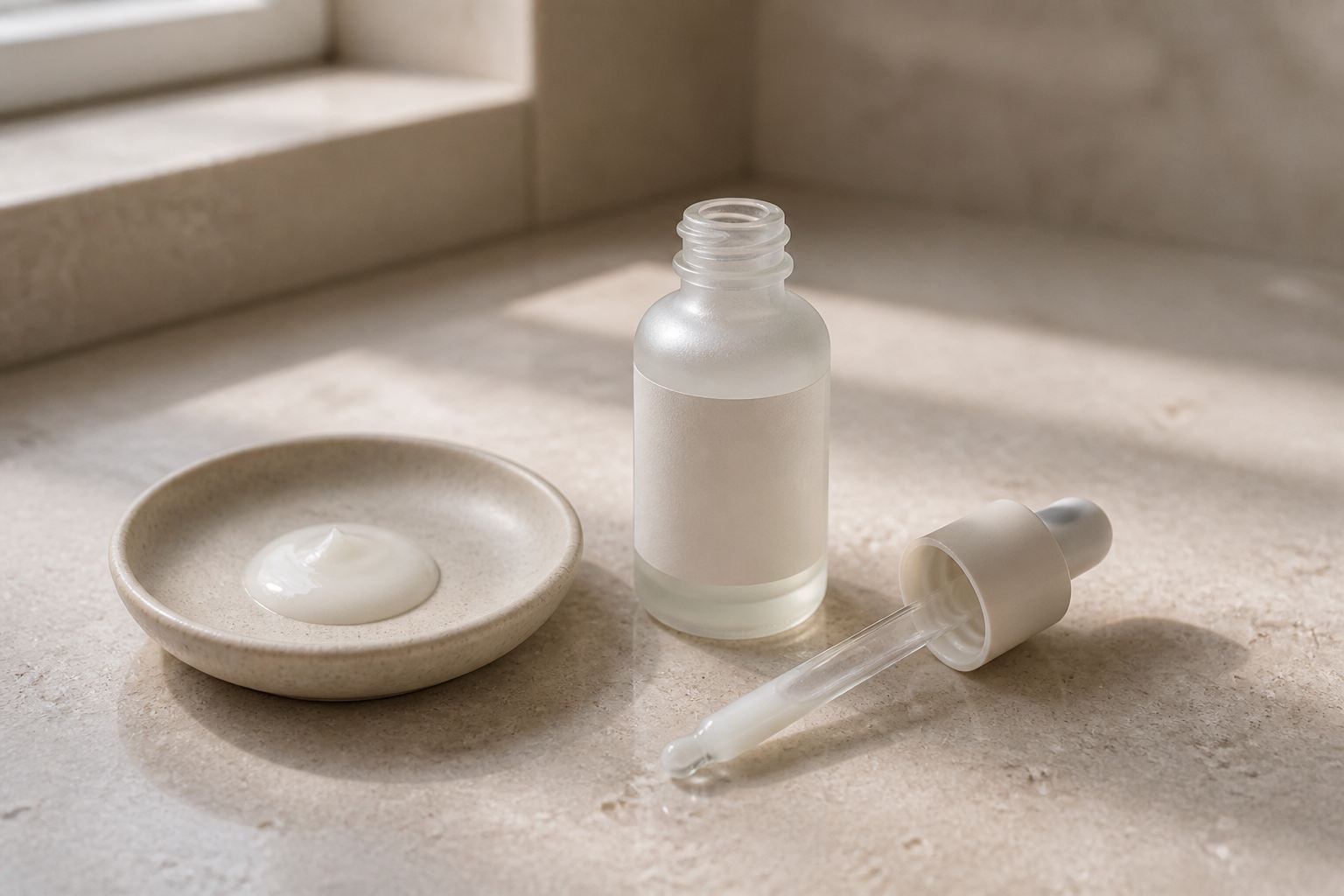 Unbranded frosted ceramide ampoule bottle, milky dropper and cream swatch on honed limestone