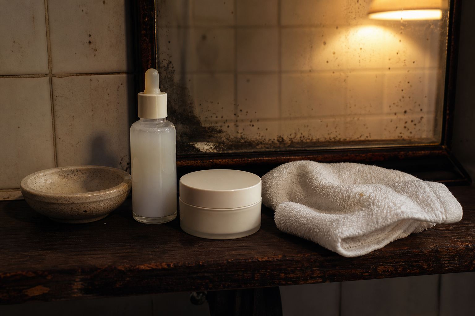 Unbranded milky skincare ampoule, cream jar and folded washcloth on a worn walnut bathroom shelf