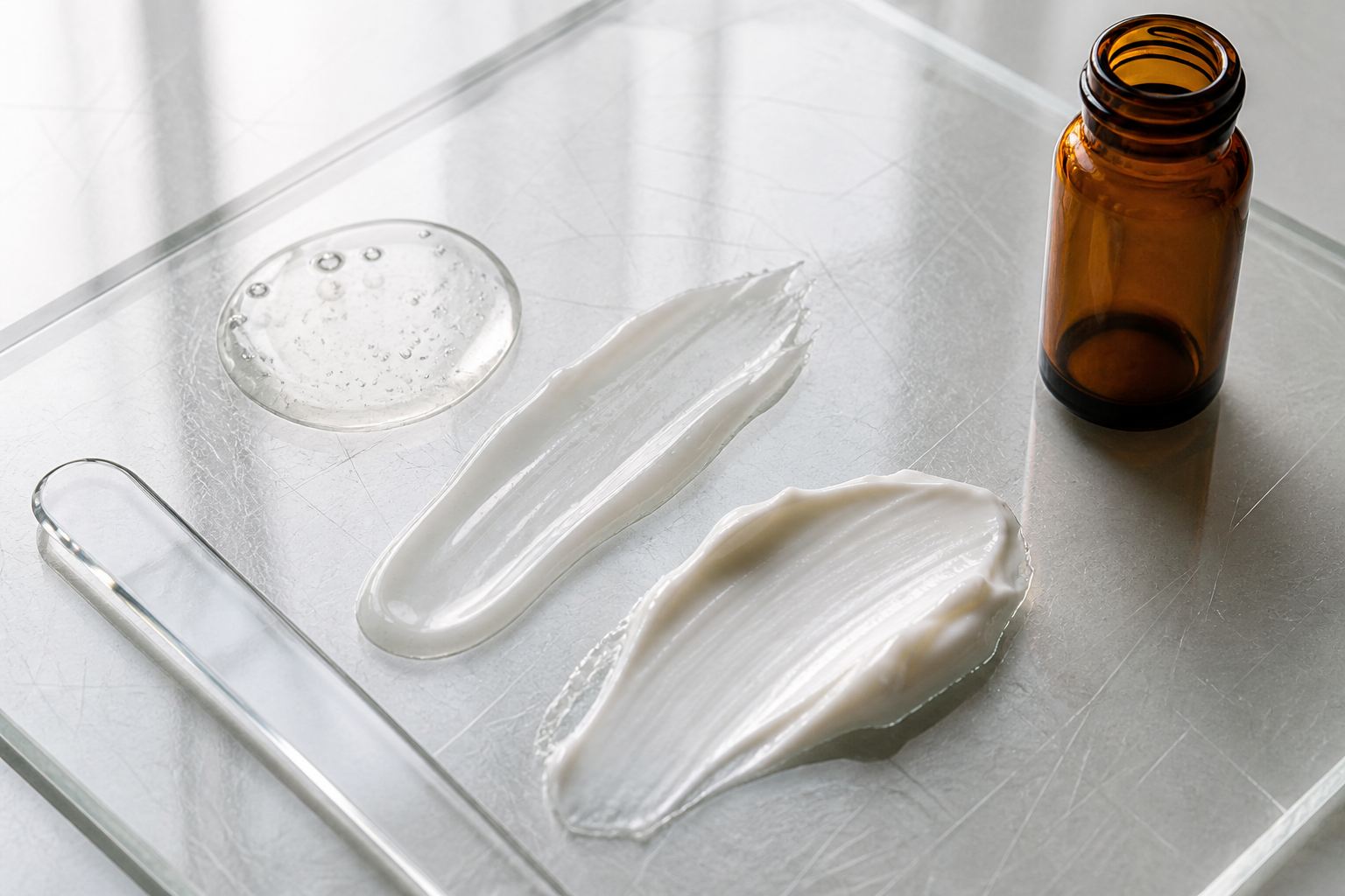 Watery essence, milky ampoule and cream textures displayed separately on a scratched glass laboratory plate