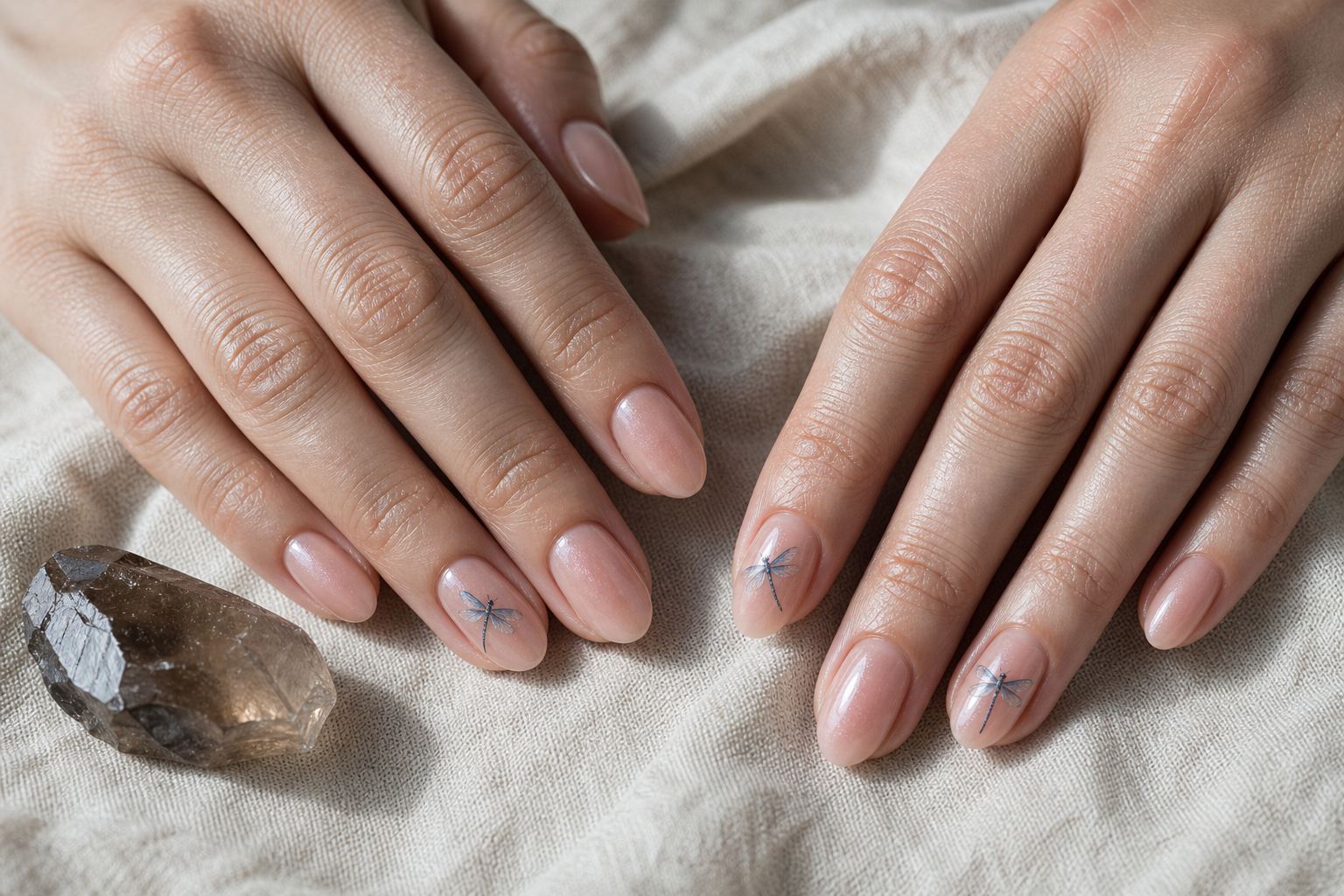 Natural almond nails with three tiny silver and translucent blue dragonflies resting on ivory linen