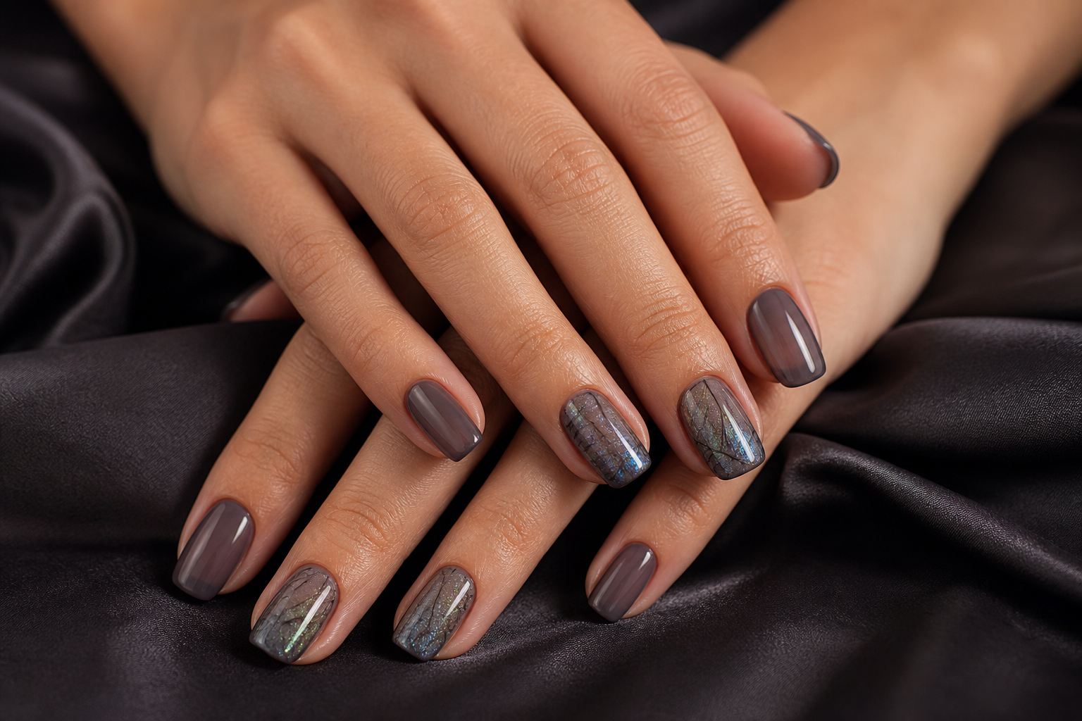 Smoky grey manicure with sophisticated blue-green iridescent dragonfly-wing veining on four accent nails