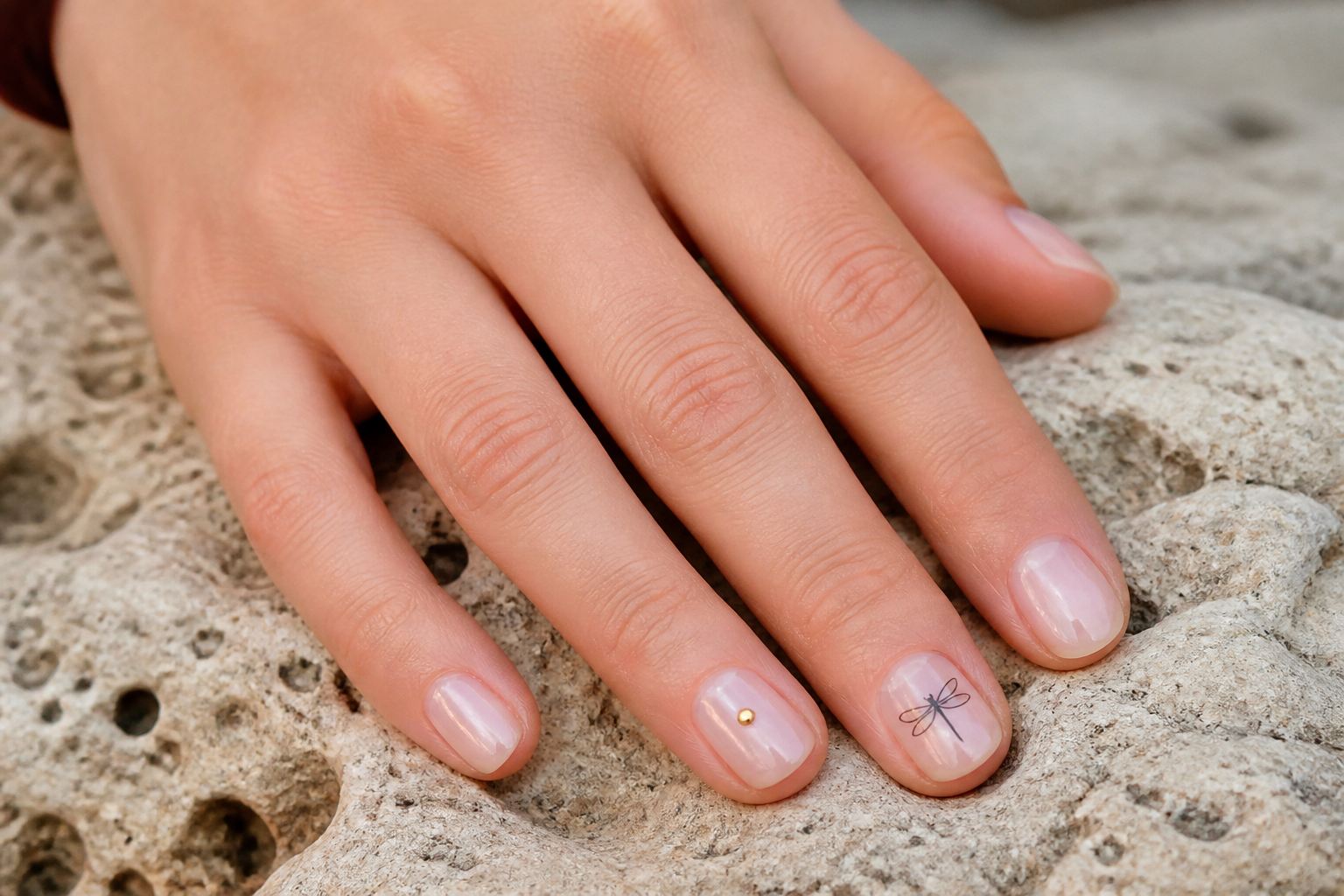 Short natural oval nails with a milky base, one fine-line dragonfly and a single restrained gold detail