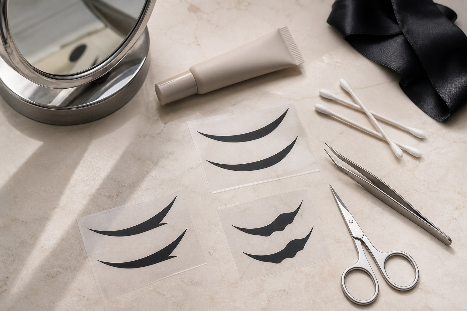 Three distinct pairs of black eyeliner stickers with primer, tweezers, cotton buds and closed cosmetic scissors on pale stone