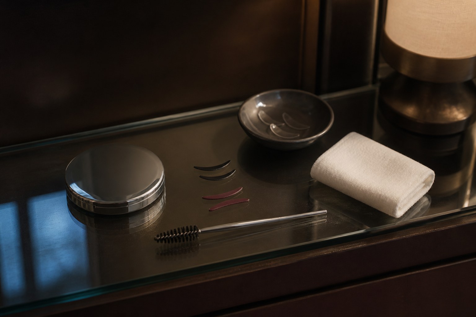 Short black and burgundy eyeliner stickers beside a silver compact, clean spoolie and folded cotton pad on a smoked-glass vanity