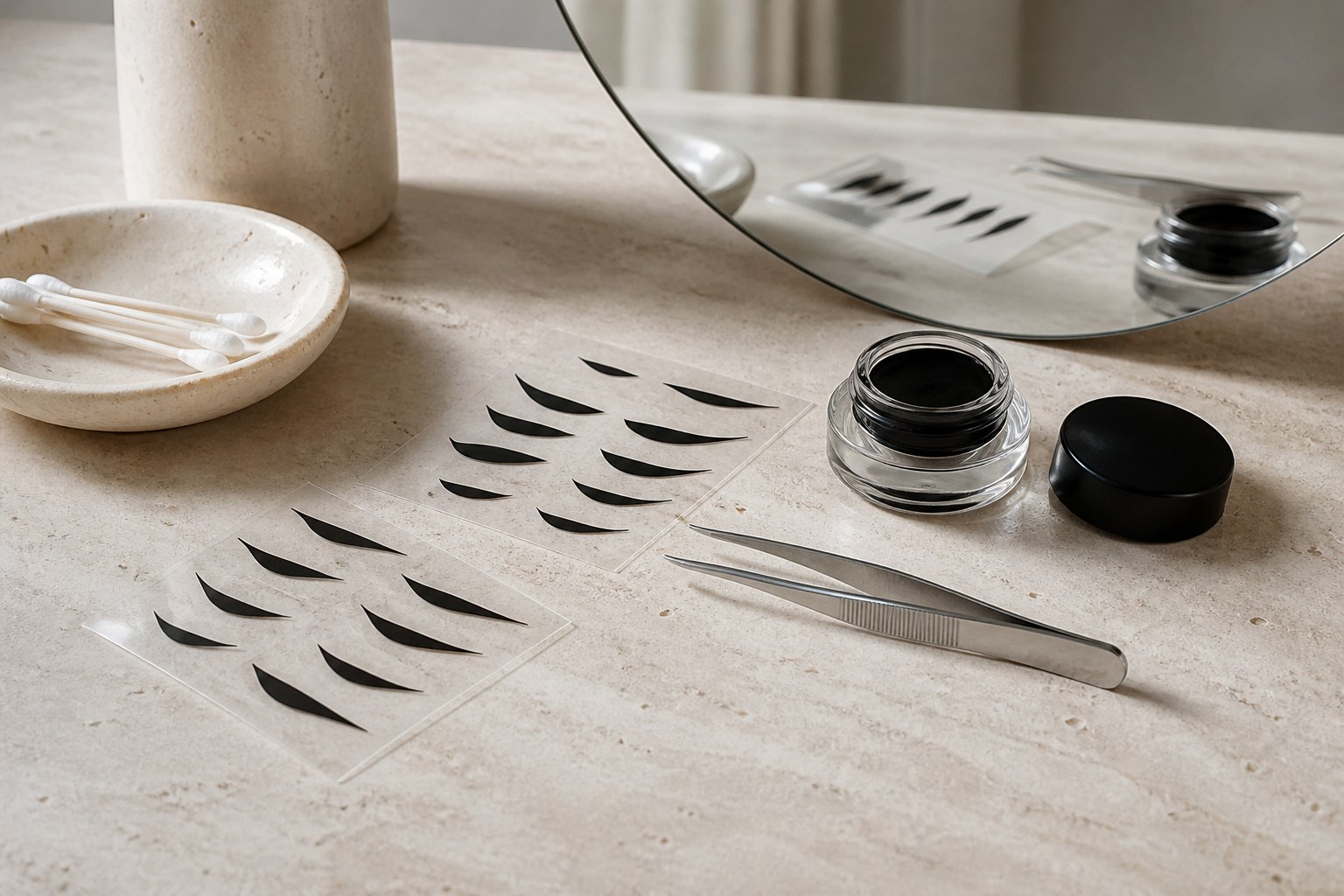 Black wing-shaped eyeliner stickers on clear backing with steel tweezers, gel liner and cotton buds on pale travertine