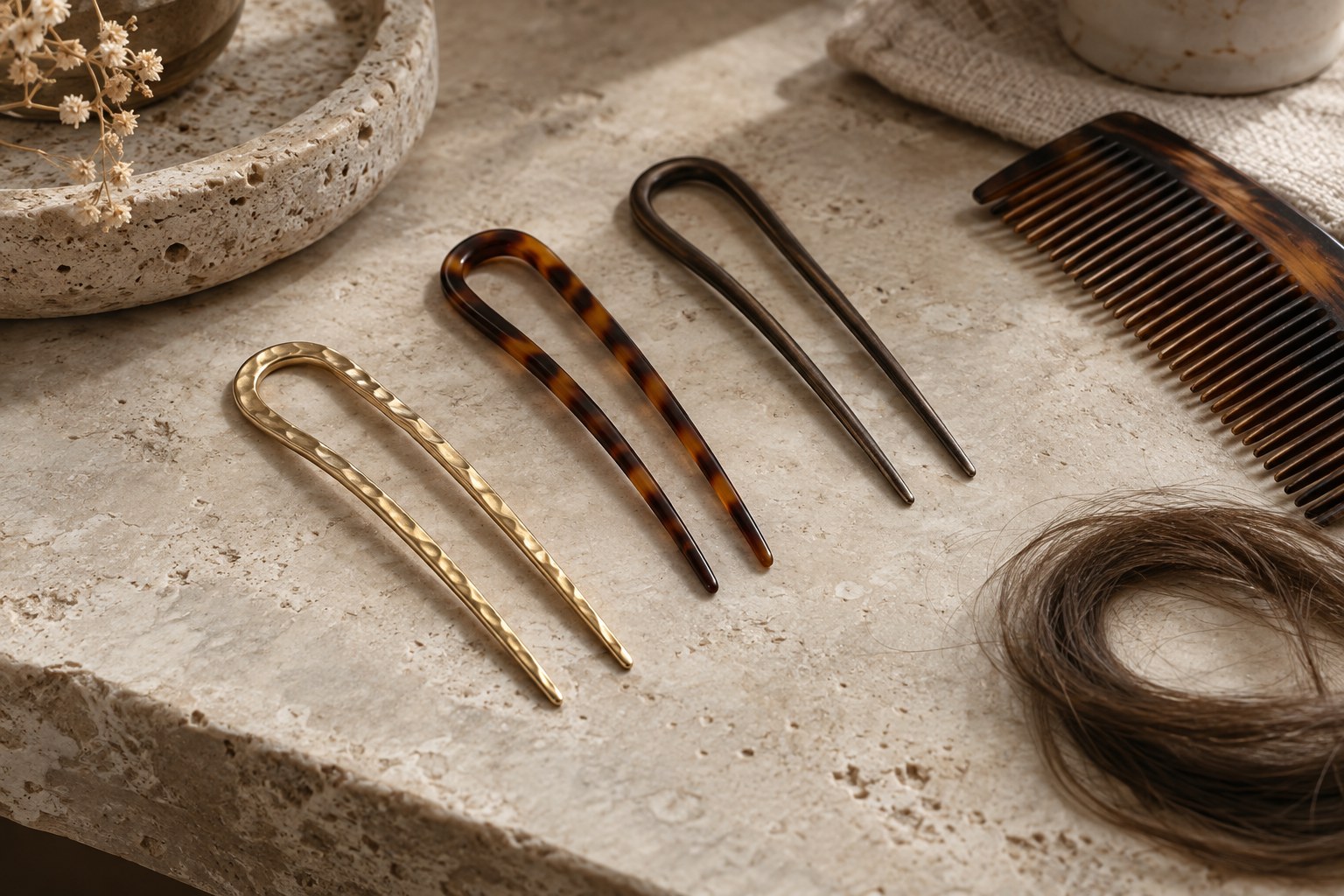 Three slim French hair pins in hammered gold, tortoiseshell and dark bronze on limestone