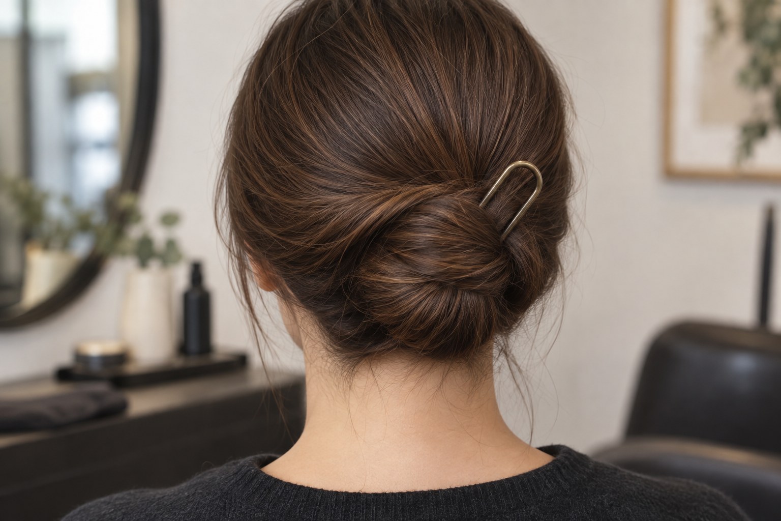 Low twisted bun in fine chestnut hair secured with a slim bronze French pin