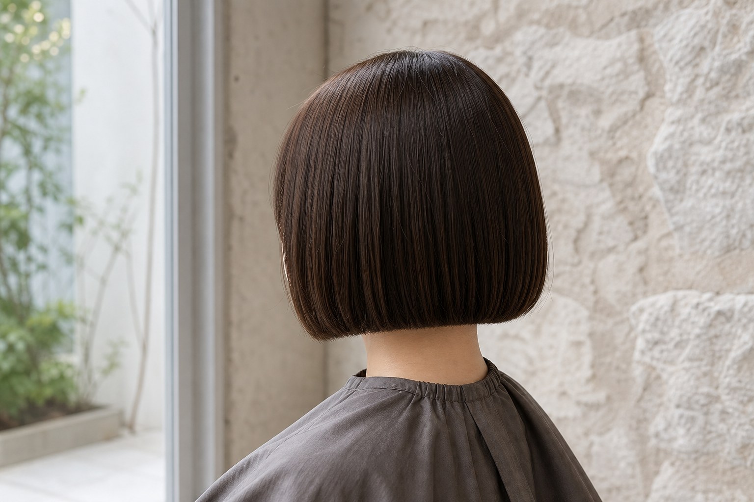 Rear three-quarter reference of a precise dark brown Japanese bob with a blunt jaw-length perimeter