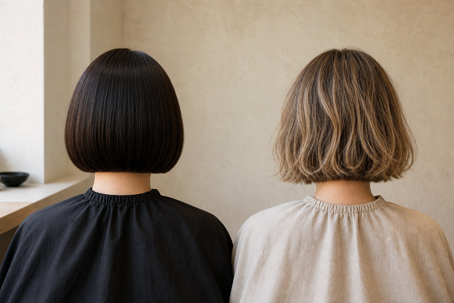 Rear view comparing a sleek dark Japanese bob and a softly textured dark blonde Scandi bob