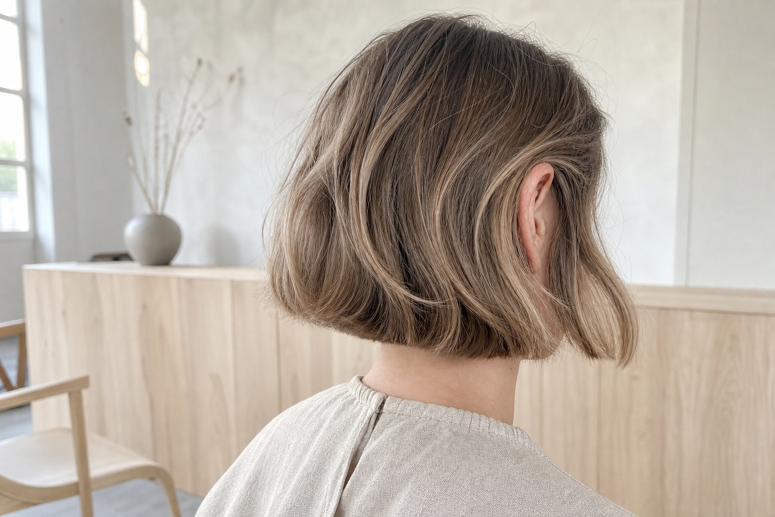 Rear three-quarter reference of a softly textured dark blonde Scandi bob with natural movement