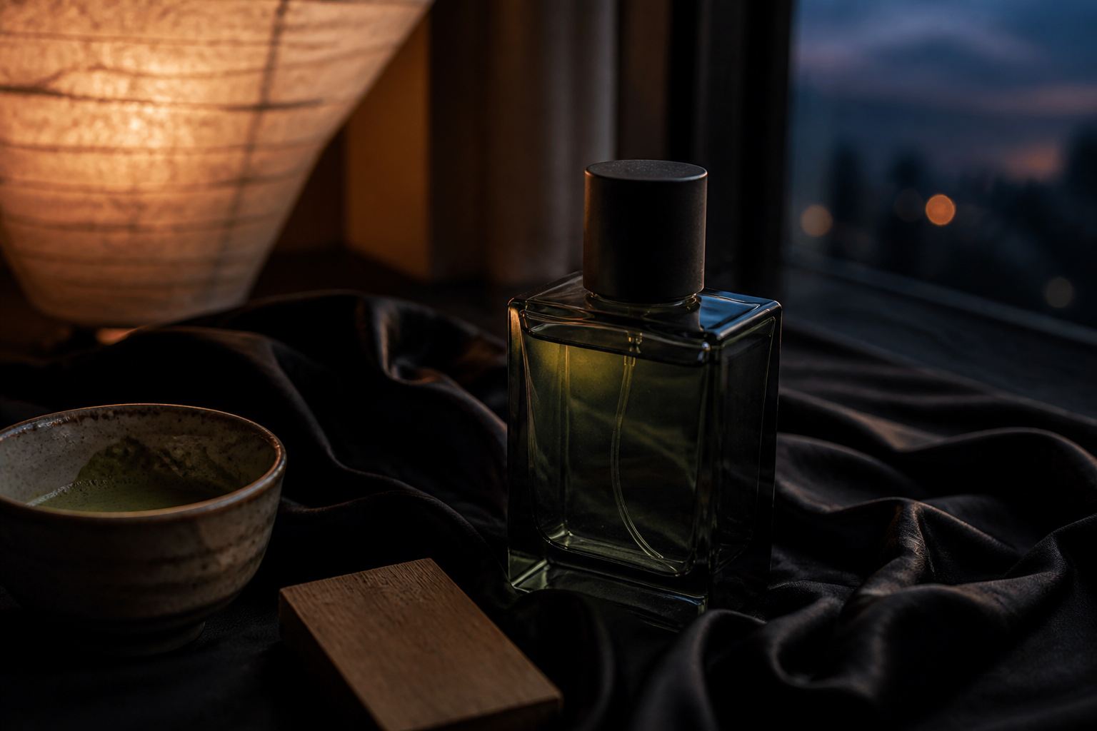 Smoked glass matcha-inspired perfume bottle beside a used tea cup on black silk at dusk