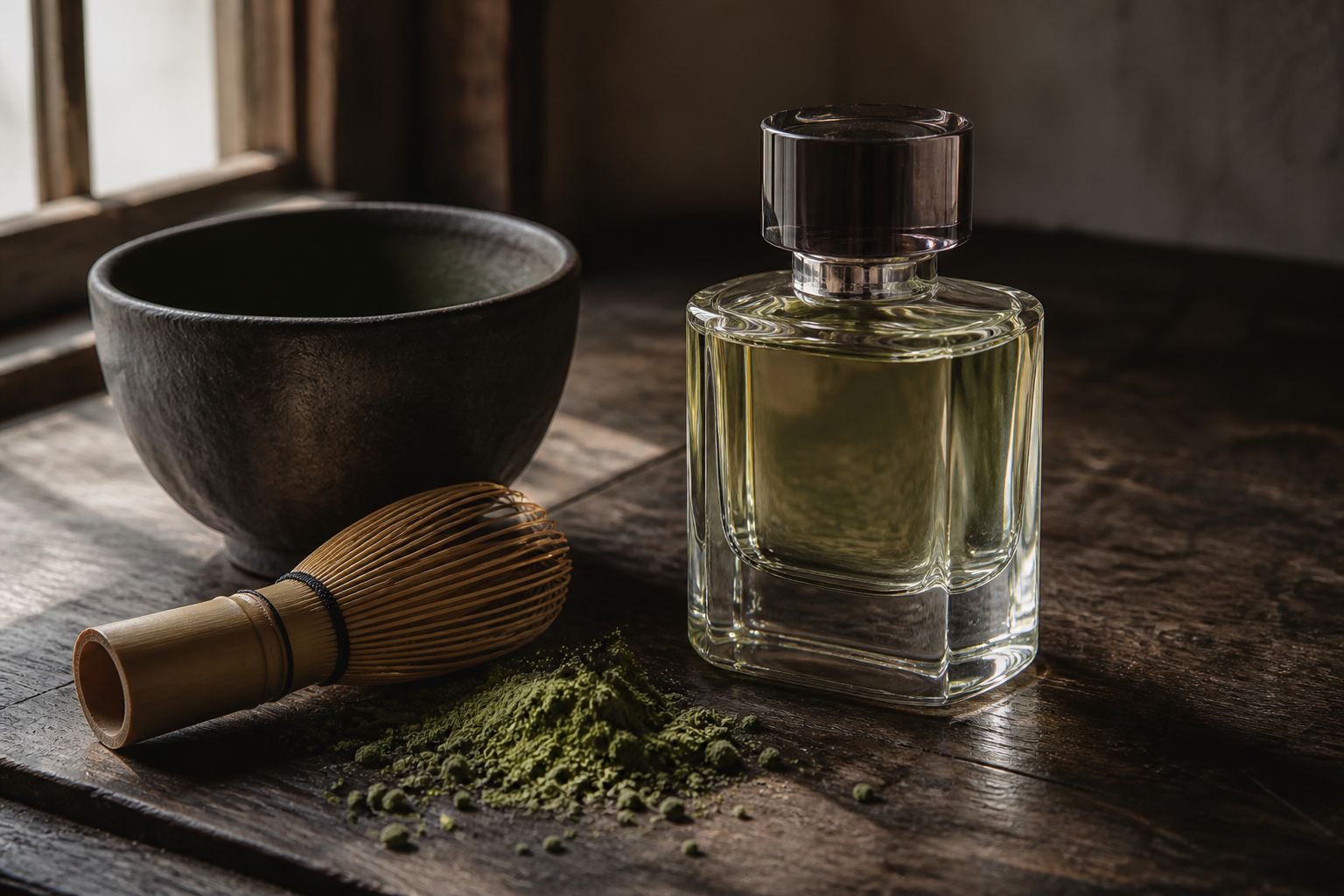 Unbranded matcha-inspired perfume bottle beside a ceramic tea bowl, bamboo whisk and spilled matcha powder