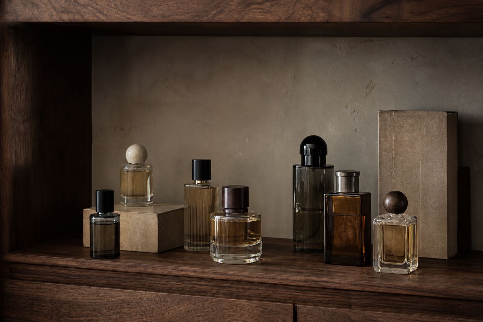 Edited collection of unbranded niche perfume bottles arranged on a dark walnut shelf