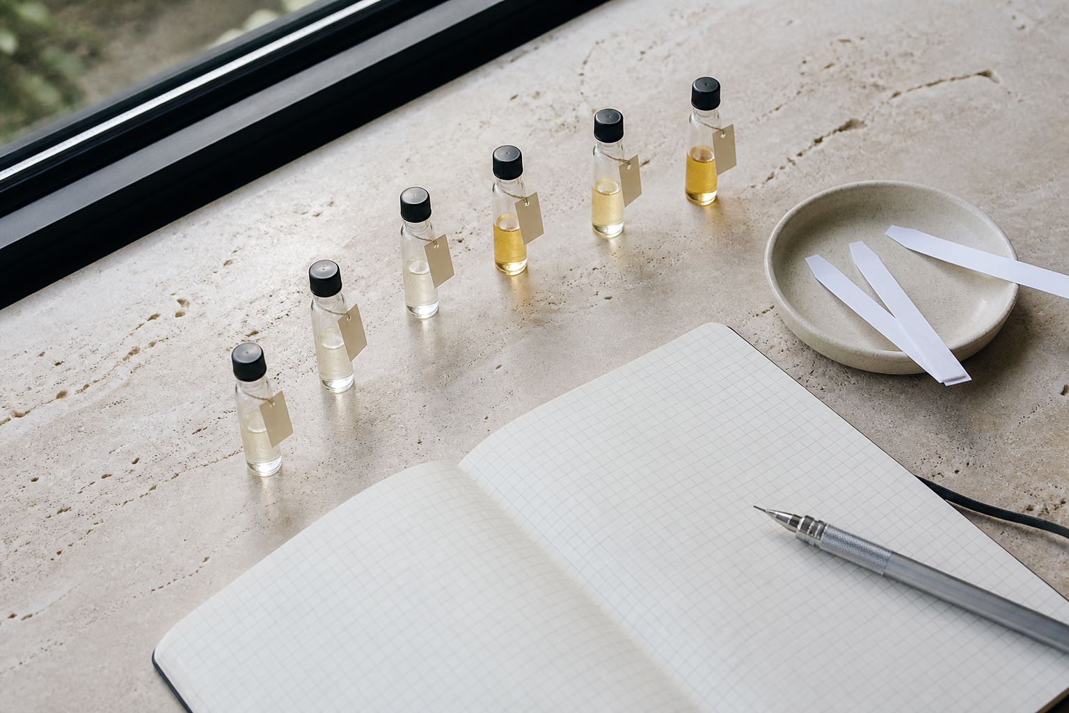 Six unbranded fragrance sample vials, scent blotters and a blank wear notebook on limestone