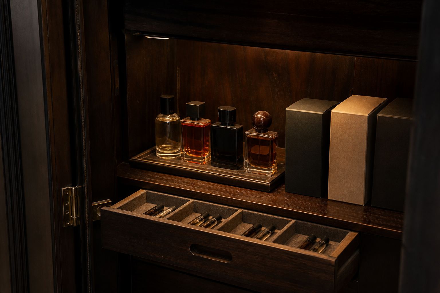 Dark walnut fragrance cabinet holding unbranded perfume bottles, boxes and an organised sample drawer