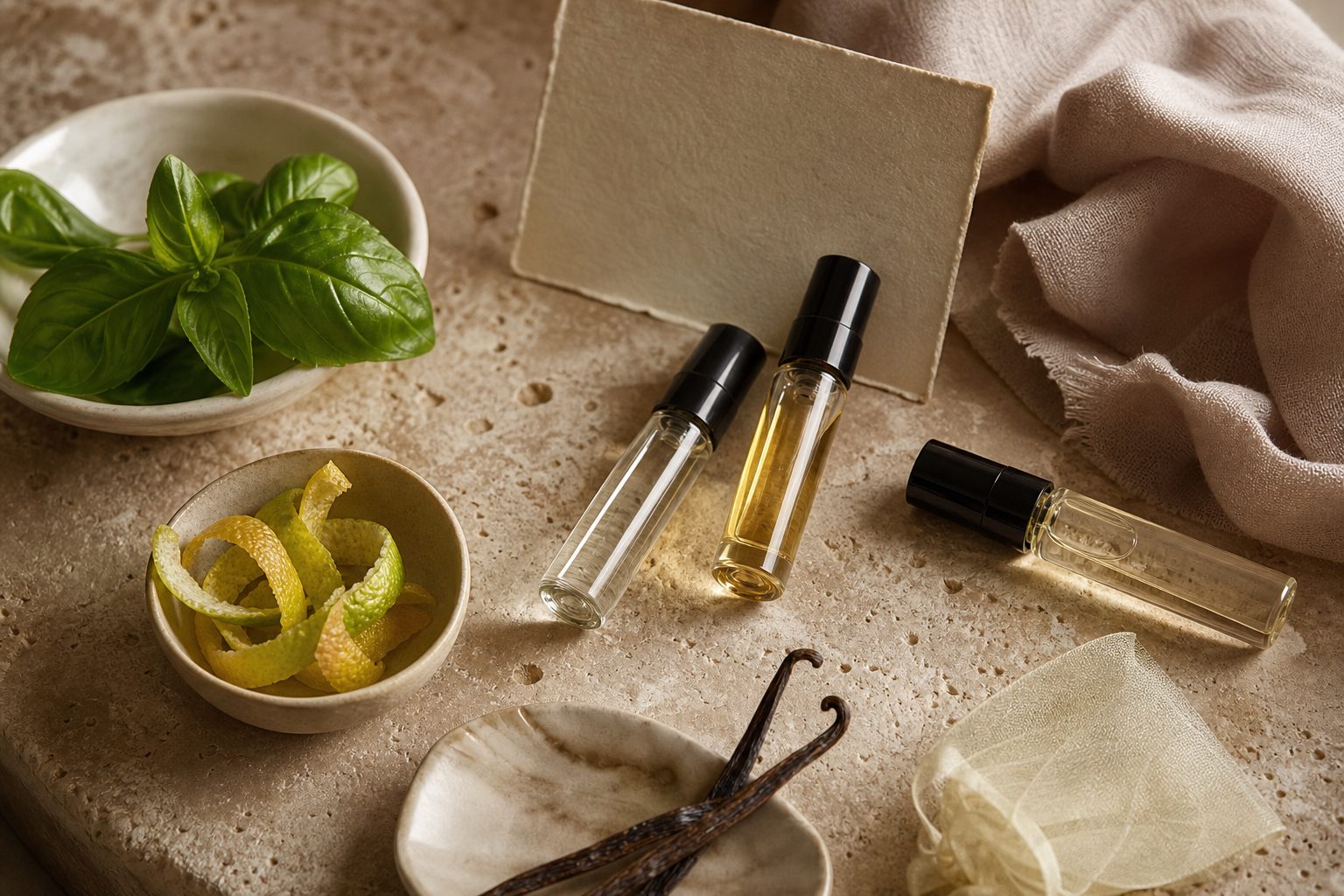 Perfume note study with sample vials, basil, citrus peel, vanilla and soft fabric