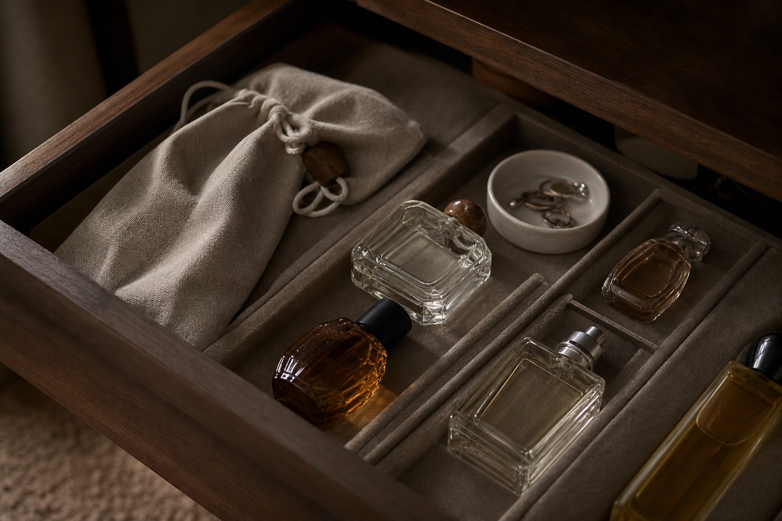 Perfume storage drawer with unbranded bottles in a velvet-lined tray
