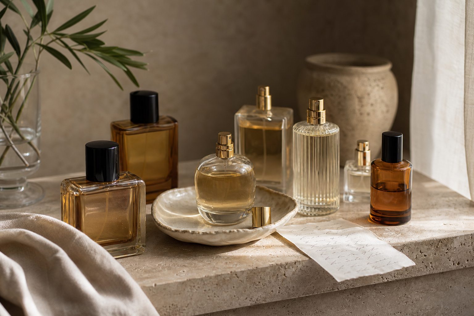 Perfume bottles on travertine with linen and green stems, no people
