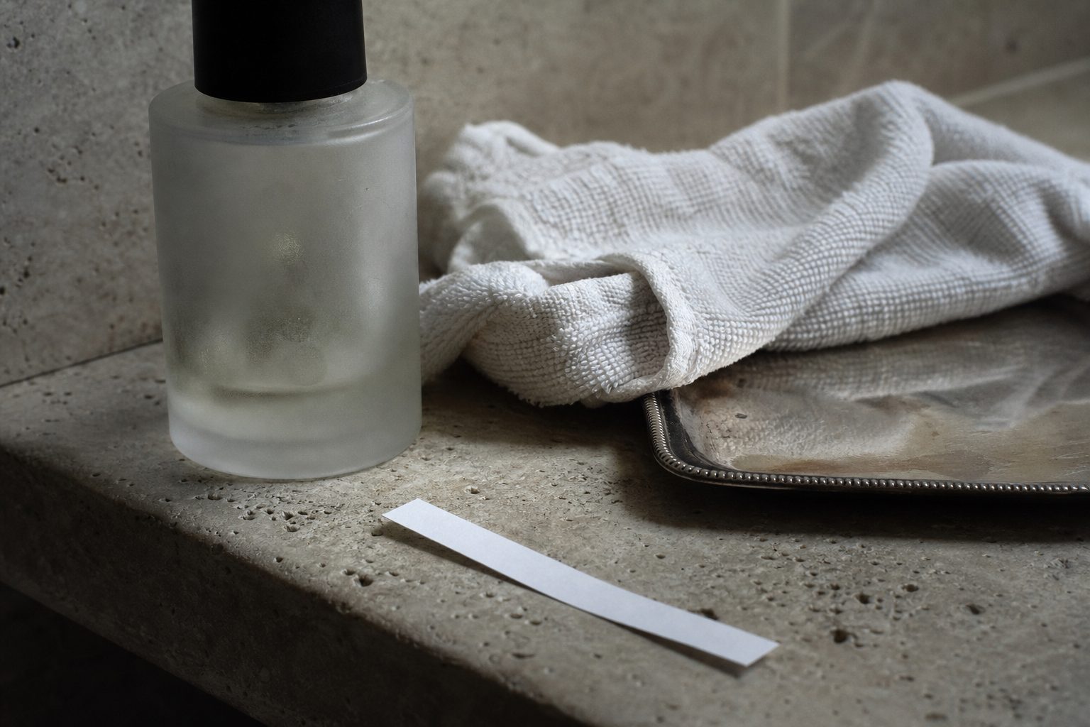 Frosted perfume bottle on a lived-in limestone bathroom shelf