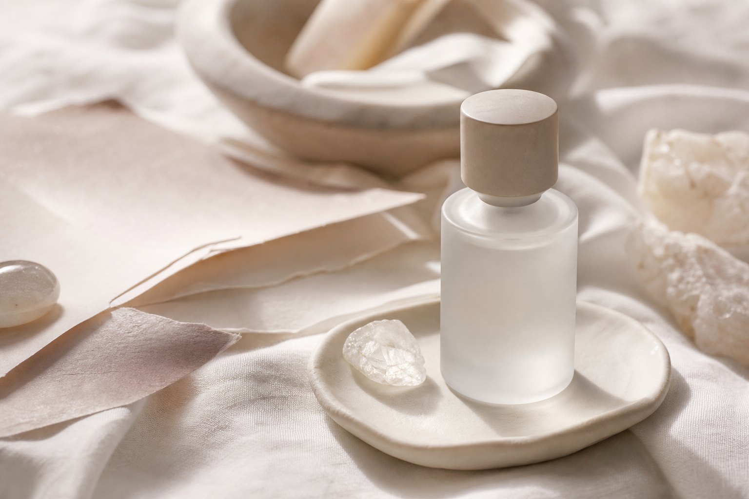 Skin scent perfume bottle on warm white linen with ceramic tray, mineral stones and pale paper strips