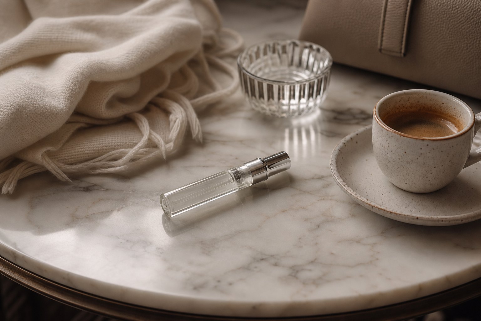 Skin scent perfume travel atomizer with ivory cashmere scarf, ceramic cup, glass bowl and taupe bag