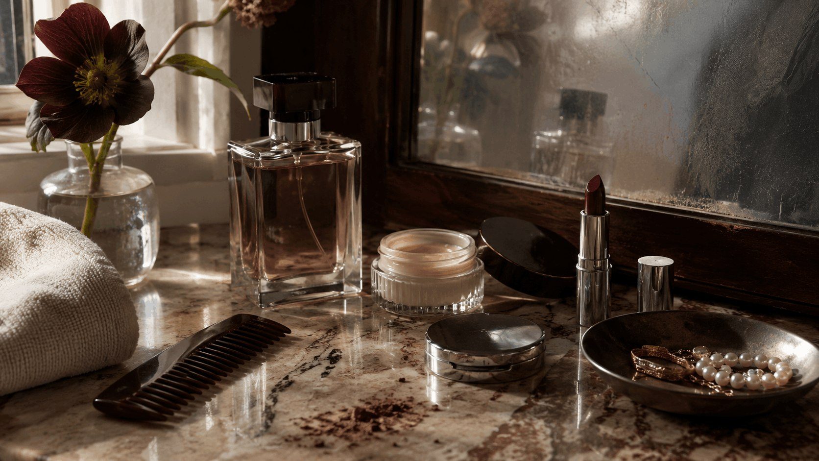 A restrained vanity table arranged with glass, metal and powder