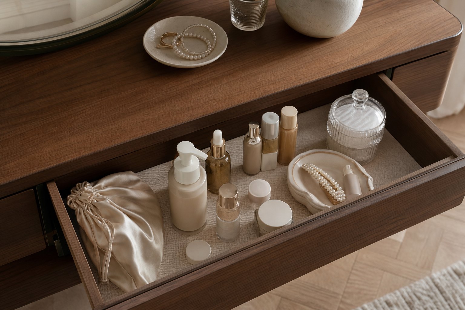 Organised vanity drawer with unlabelled beauty bottles, silk pouch, ceramic tray, pearl hair clip and cotton pads
