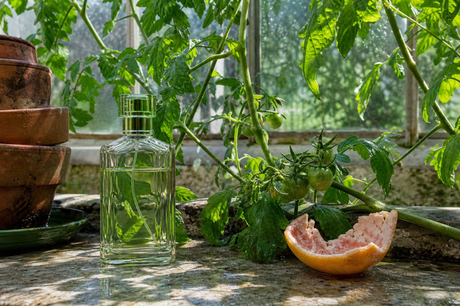 Unbranded clear green perfume bottle beside wet tomato leaves, green tomatoes, terracotta pots and grapefruit peel in a greenhouse