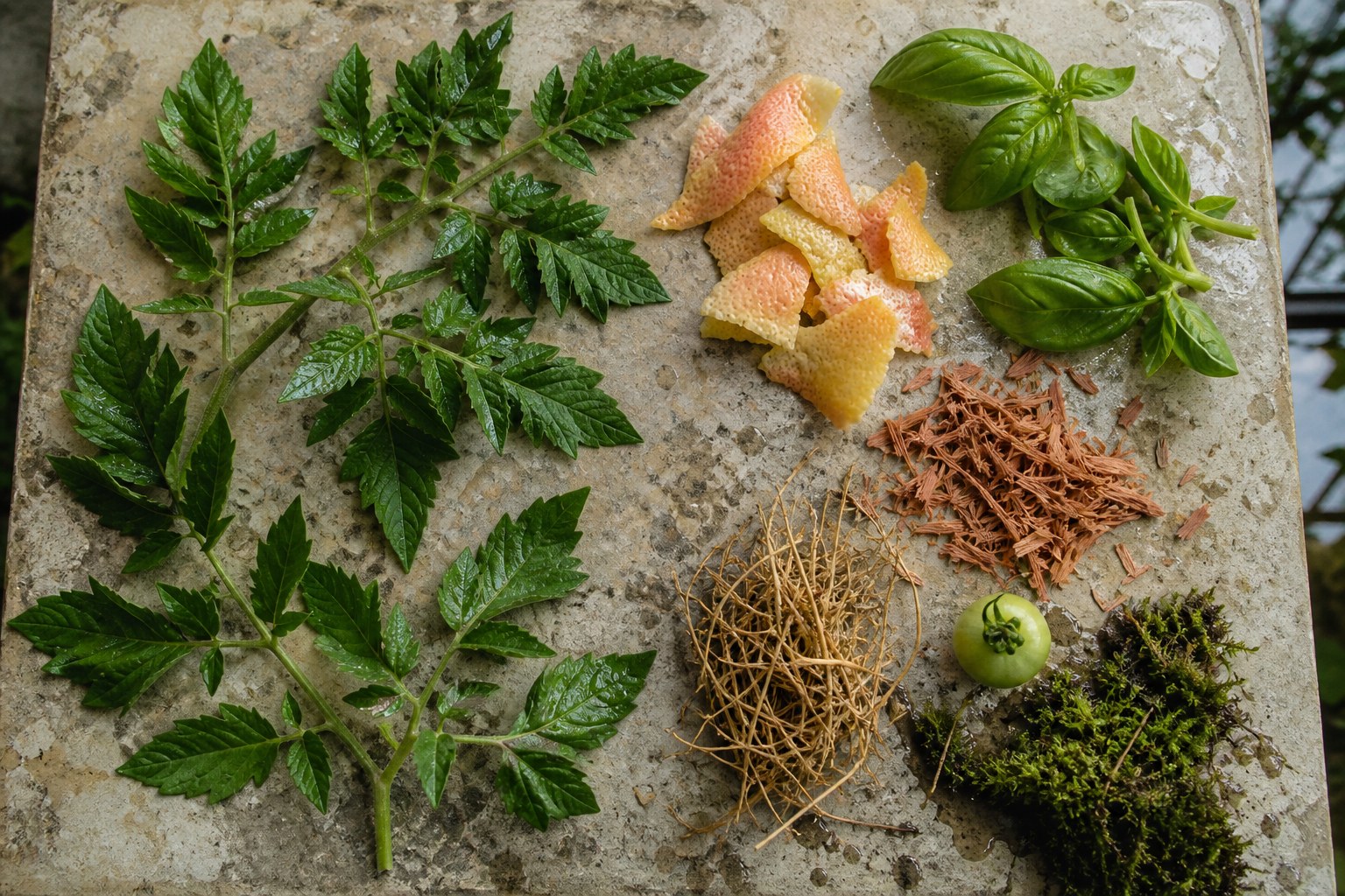 Tomato leaves, basil, grapefruit peel, cedar shavings, vetiver roots, moss and one green tomato arranged on wet stone