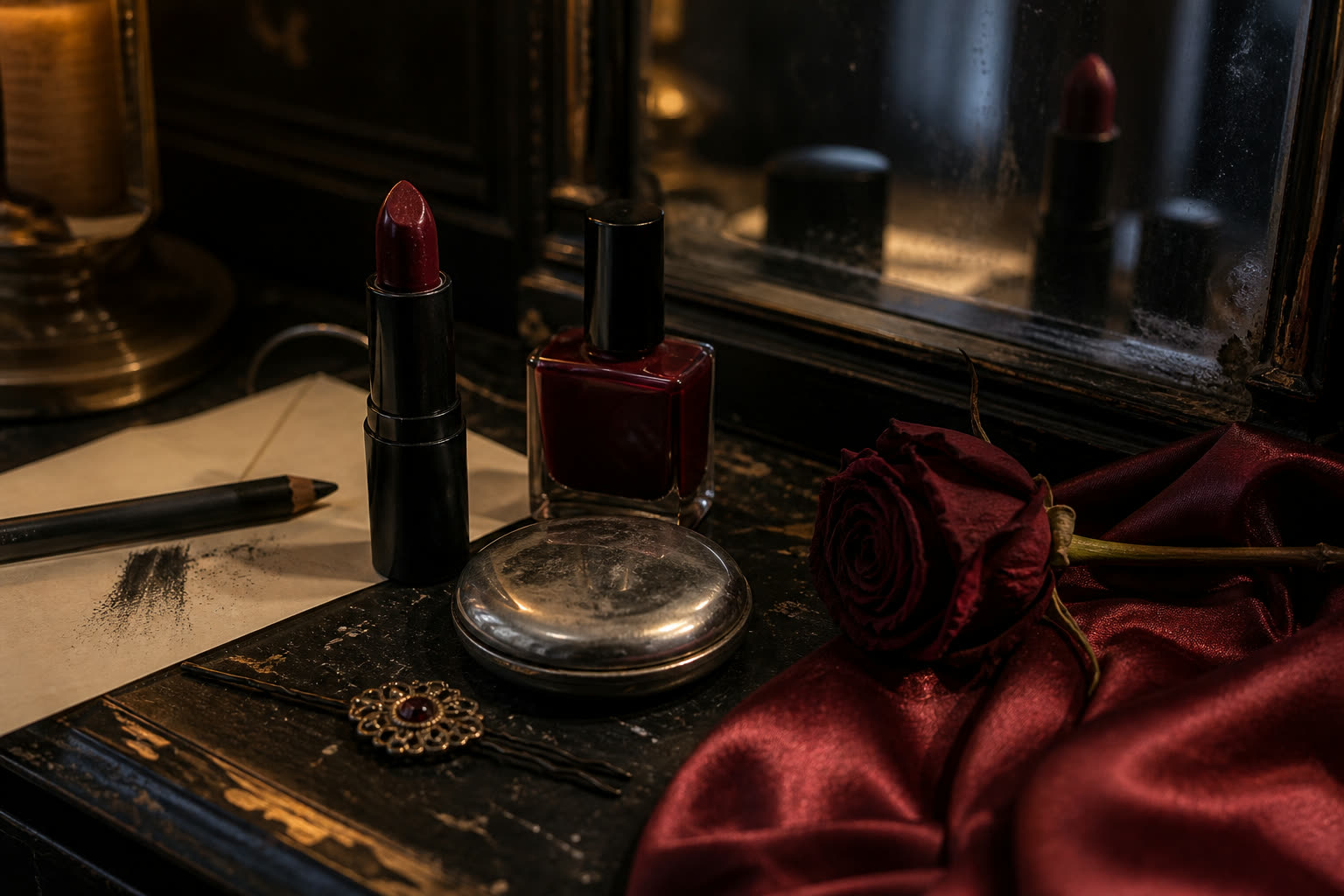 Black lacquer vanity with wine lipstick, charcoal eye pencil, silver compact, dark nail polish and a fading red rose