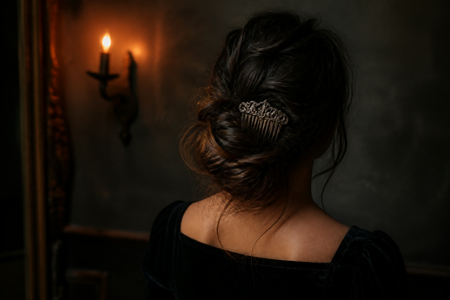Back view of a loose dark low twist with natural flyaways and one aged-silver hair comb