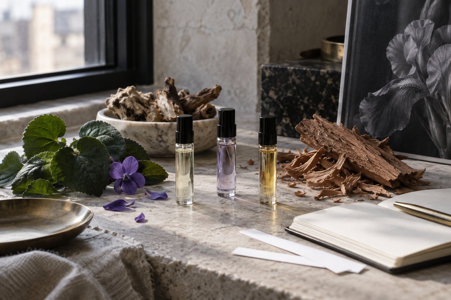 Unbranded scent samples with violet leaves, iris root and cedar shavings