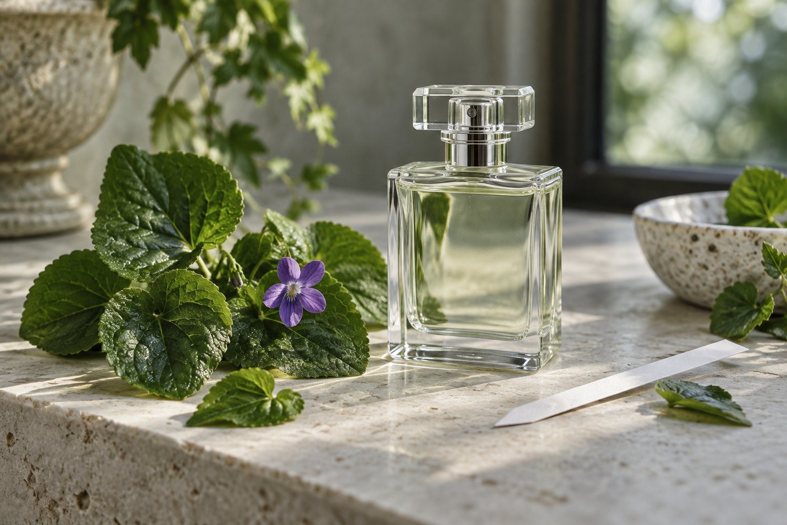 Clear unbranded perfume bottle beside fresh violet leaves, a purple flower and a scent blotter on limestone