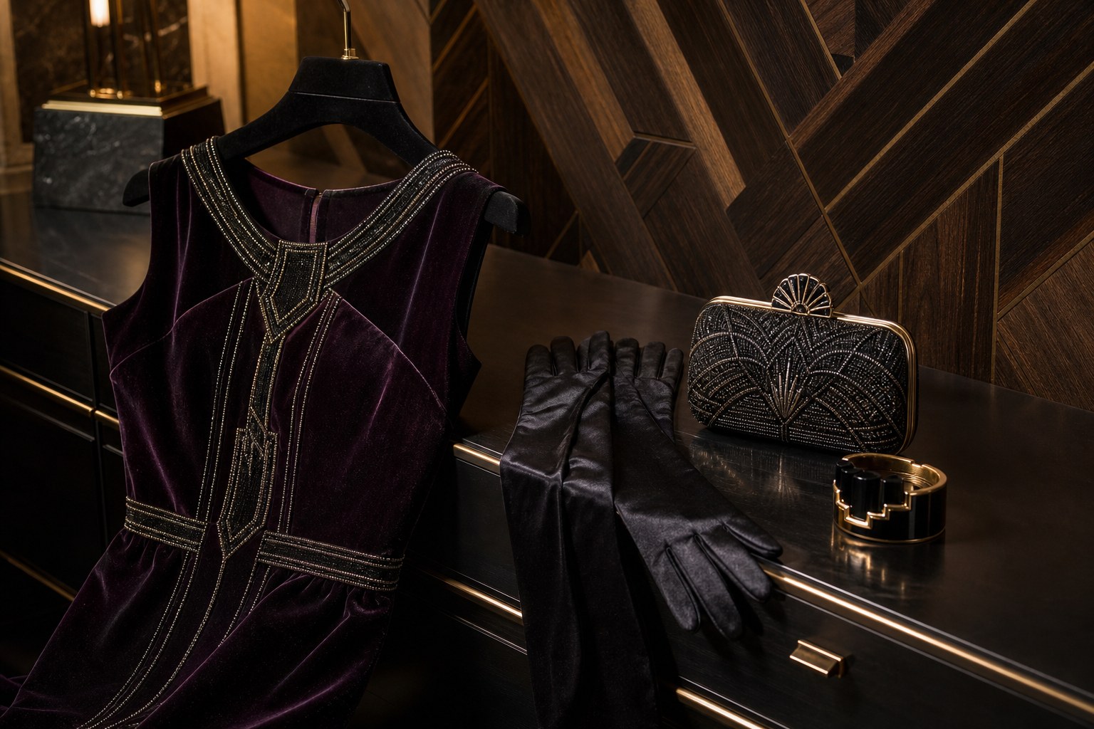 Plum velvet evening dress with linear beadwork, black gloves, embellished bag and geometric cuff