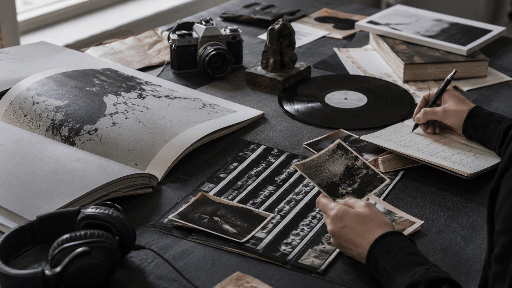 A working reference table with books, postcards and handwritten notes