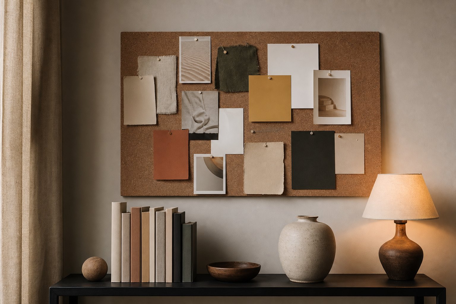 Taste building inspiration board with abstract colour cards, fabric samples, texture photos, blank notes, books and ceramic vessel