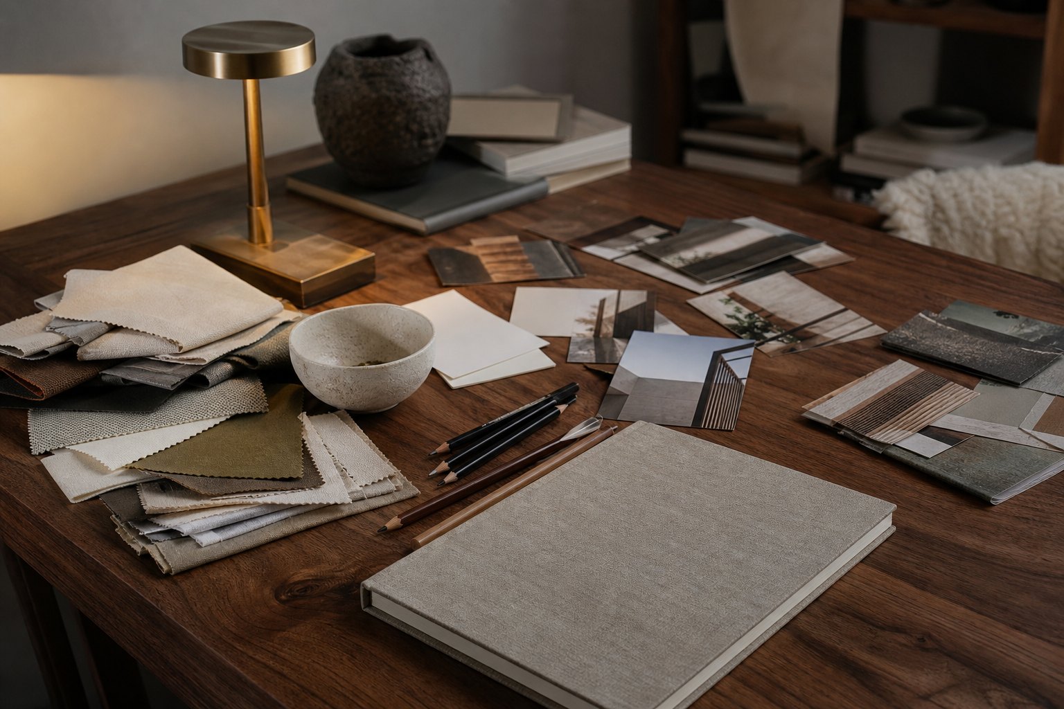 Taste building reference table with fabric swatches, blank postcards, architecture photos, ceramic bowl, pencils and linen notebook