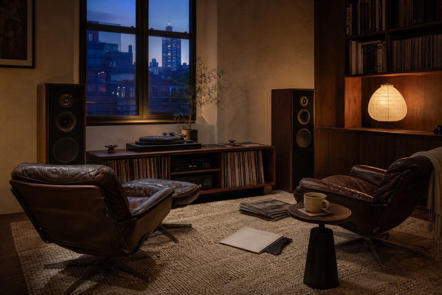 Analogue listening room with turntable, speakers and leather chairs