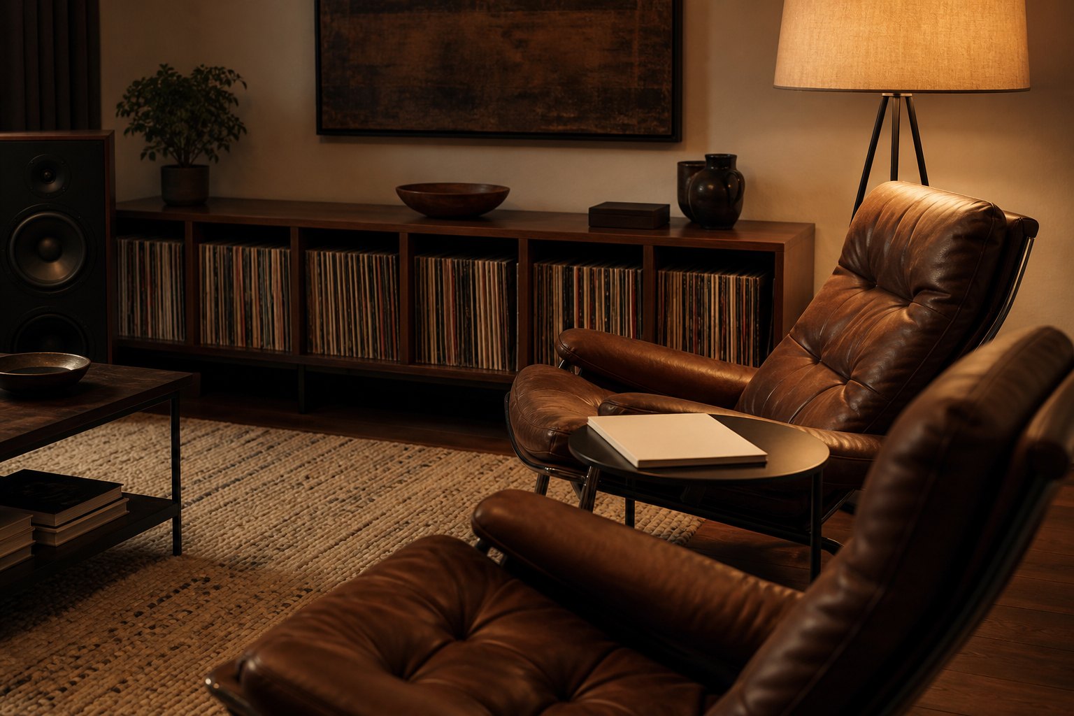 Analogue listening room with walnut record shelves, leather chairs, wool rug and shaded floor lamp