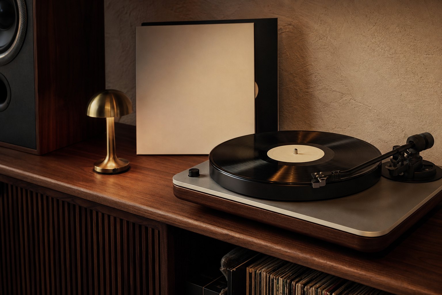 Analogue listening room detail with walnut media console, turntable, record sleeves, brass lamp and speaker edge