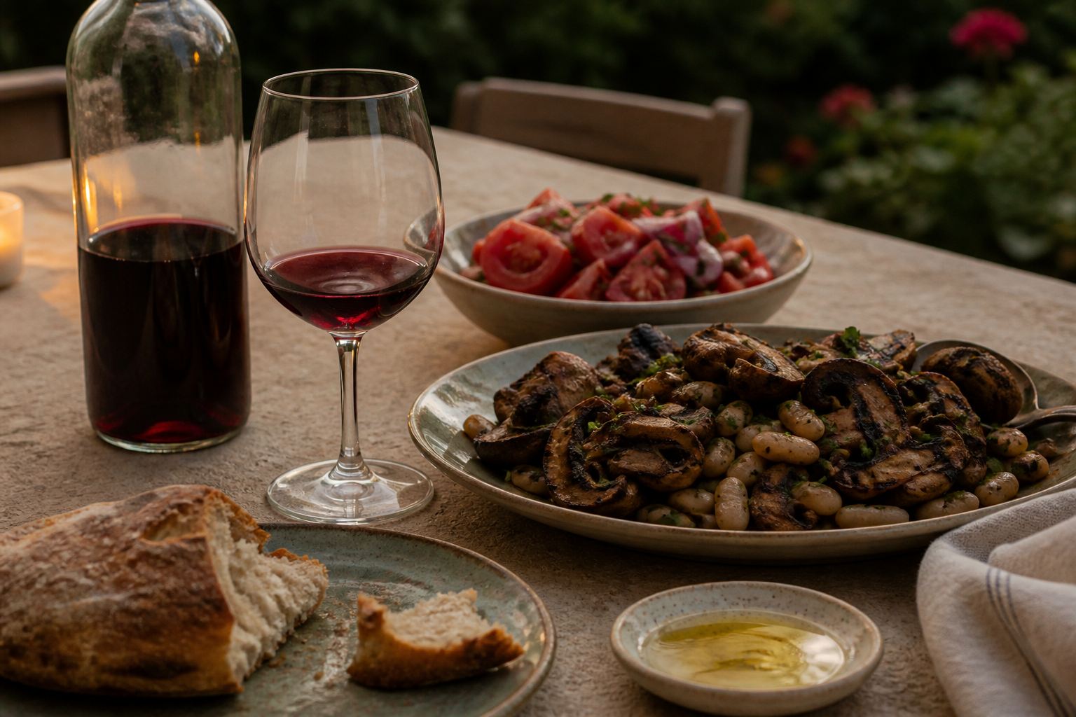 Chilled red wine served with grilled mushrooms, beans, tomato salad and bread on a summer table