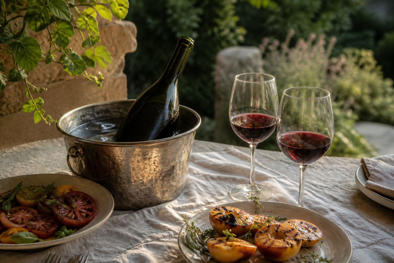 Unbranded bottle of chilled red wine in a hammered ice bucket beside grilled peaches and tomatoes