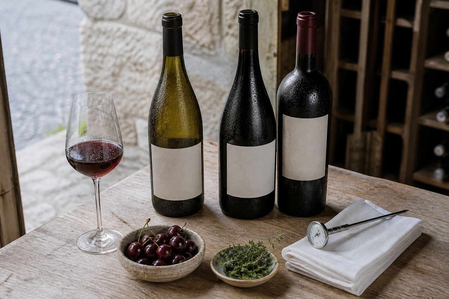 Three unbranded red wine bottles, a glass, thermometer and cherries arranged for a temperature guide